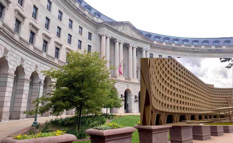 Das neoklassizistische EPA-Gebäude in Washington, DC, im Vergleich zum modernen HUD-Gebäude mit viel Beton.