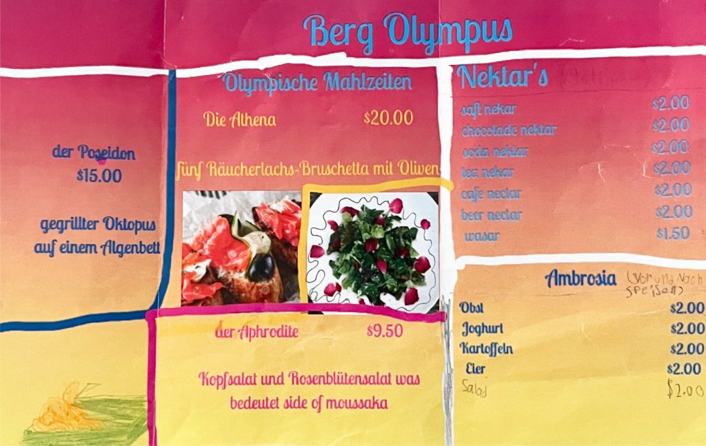 Speisekarte mit Gerichten mit griechischen Namen