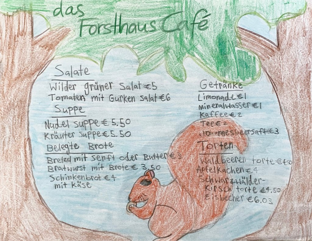 Speisekarte mit Gerichten und Getränken