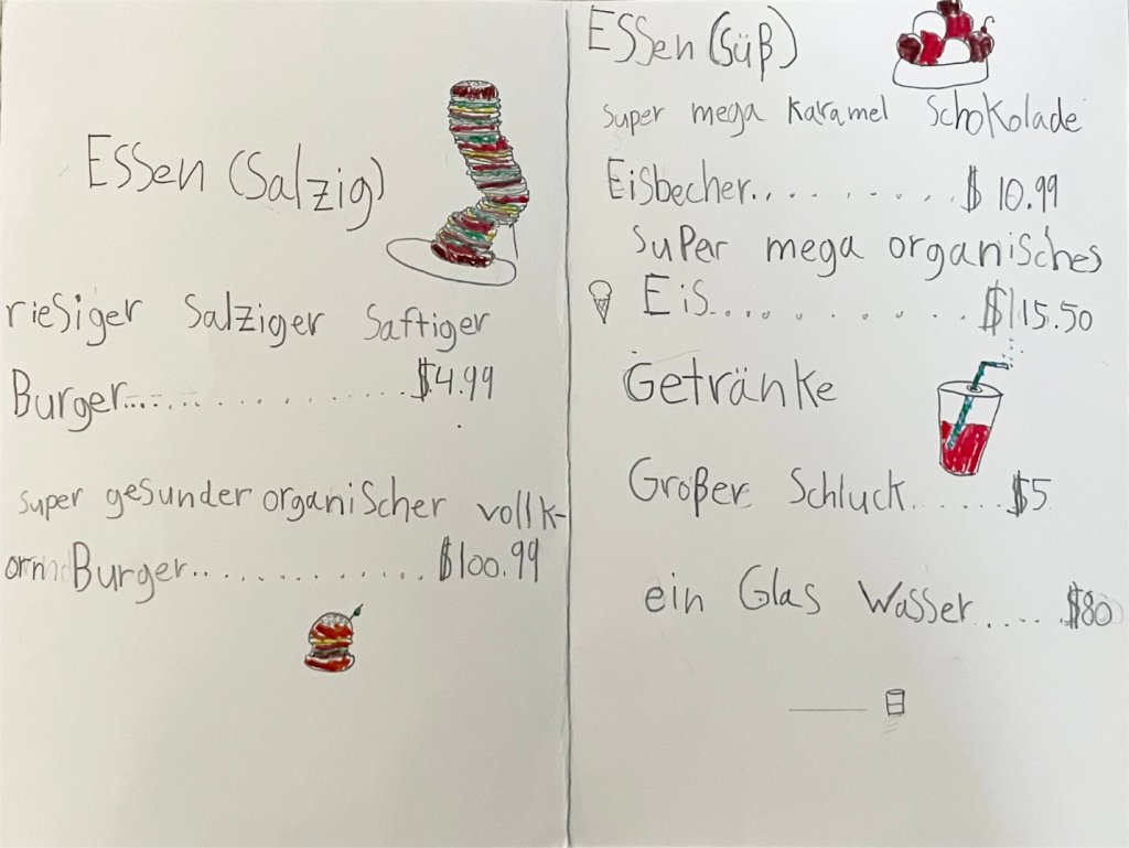 Speisekarte mit Gerichten und Getränken