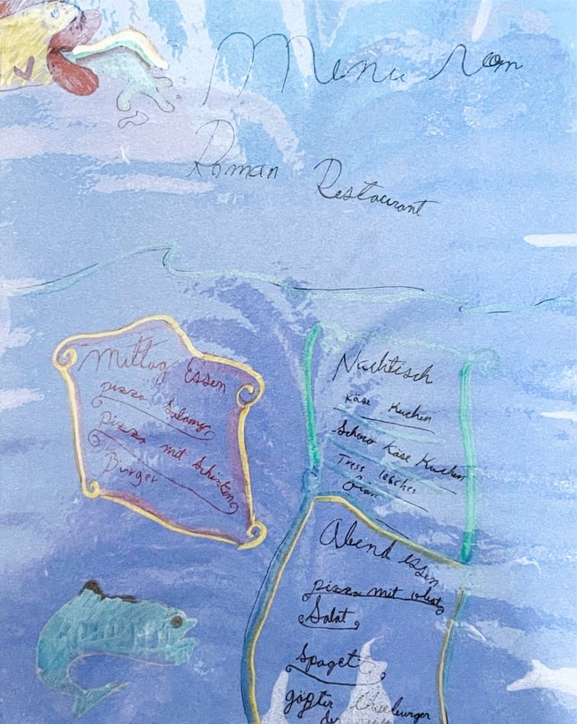 blaue Speisekarte mit Meerstieren und Gerichten