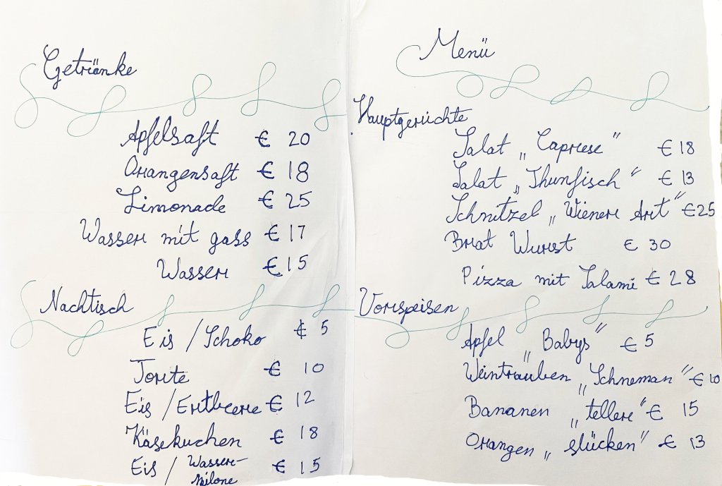 Speisekarte mit Gerichten und Getränken